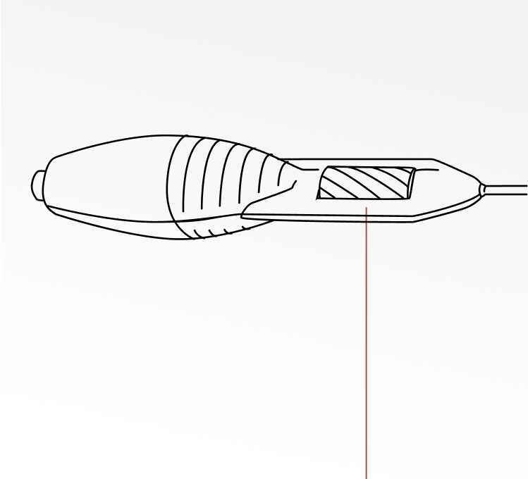 AngioSafe catheter system diagram showing ergonomic handle connected to catheter shaft and tip for single-pass plaque traversal.